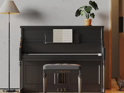 Black Yamaha Piano With Sheet Music Stool Floor Lamp And Green Plant Against Gray Wall 3d model