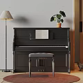 Black Yamaha Piano With Sheet Music Stool Floor Lamp And Green Plant Against Gray Wall