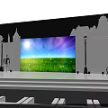 Blue Illuminated Stage Setup With Colorful Background Screen And Arranged Audience Seats