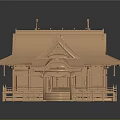 Cartoon Scene of Traditional Japanese Wooden Building With Curved Roofs Railings and Steps