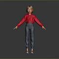 3D Character Model With Short Hair Red Sweater Blue Pants Standing Pose On Gray Background