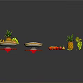 Fruit Plates Holding Pineapple Grapes Bananas Apples And Oranges