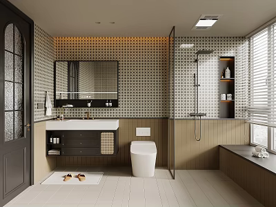 Stylish Retro Bathroom Interior With Patterned Wall Tiles Wooden Panels And Complete Functional Sanitary Fixtures 3d model
