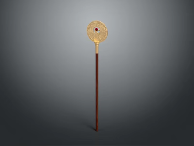 Traditional Decorative Weapon with Golden Fan Shaped Head and Red Gemstone on Long Wooden Handle 3d model