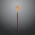 Traditional Decorative Weapon with Golden Fan Shaped Head and Red Gemstone on Long Wooden Handle