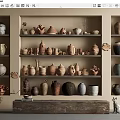Decorative Ceramic Vessels Of Various Shapes Arranged On Shelves With Beige Wall And Wooden Platform