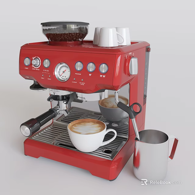 Red Espresso Machine Kitchen Appliance Making Coffee With Latte Art White Cups And Milk Frother 3d model 