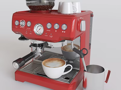 Red Espresso Machine Kitchen Appliance Making Coffee With Latte Art White Cups And Milk Frother 3d model