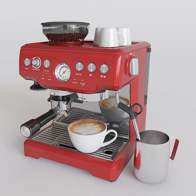 Red Espresso Machine Kitchen Appliance Making Coffee With Latte Art White Cups And Milk Frother 3d model