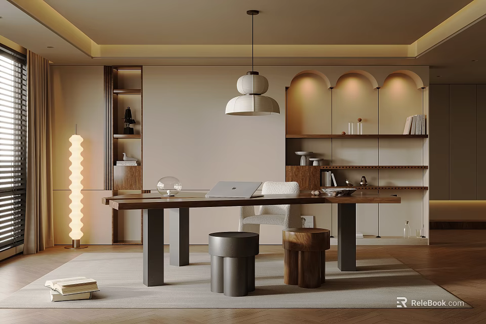 Modern Study Room Interior With Wooden Desk Bookshelves And Hanging Pendant Lamp 3d model 