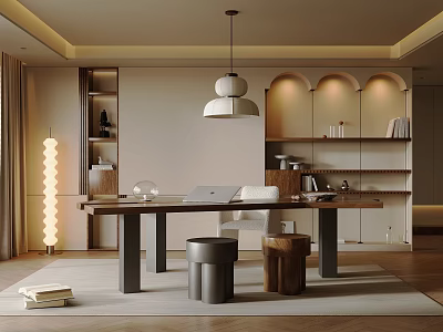 Modern Study Room Interior With Wooden Desk Bookshelves And Hanging Pendant Lamp 3d model