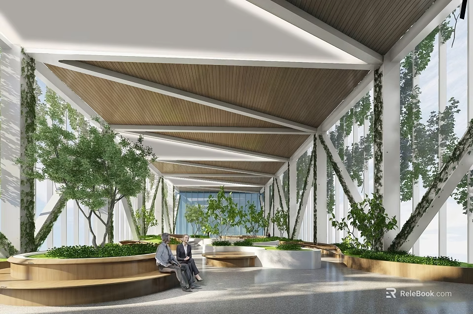 Modern Lounge Area With Wooden Roof Structure Green Plants Seating Benches And Natural Light 3d model 