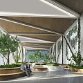 Modern Lounge Area With Wooden Roof Structure Green Plants Seating Benches And Natural Light