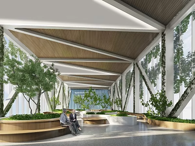 Modern Lounge Area With Wooden Roof Structure Green Plants Seating Benches And Natural Light 3d model