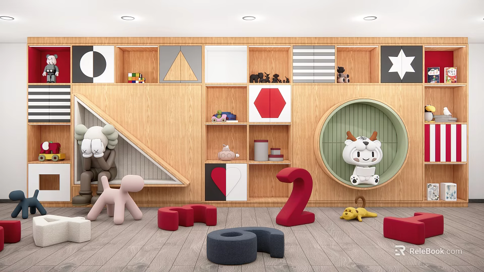 Wooden Kids Bookcase with Colorful Geometric Decorations in Playful Children's Room and Fun Toys 3d model 