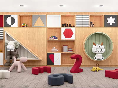 Wooden Kids Bookcase with Colorful Geometric Decorations in Playful Children's Room and Fun Toys 3d model