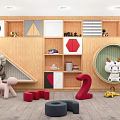 Wooden Kids Bookcase with Colorful Geometric Decorations in Playful Children's Room and Fun Toys