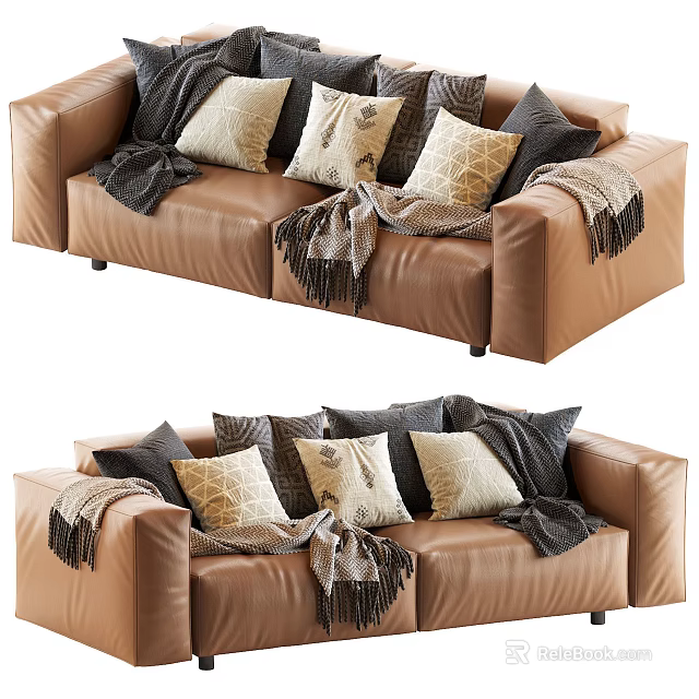 Stylish Brown Leather Double Sofa With Geometric Pillows And Tasseled Throw Blanket 3d model
