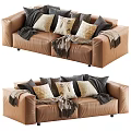 Stylish Brown Leather Double Sofa With Geometric Pillows And Tasseled Throw Blanket 3d model