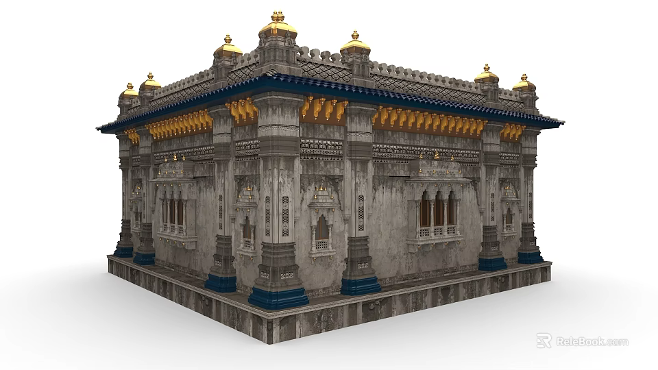 Traditional Architectural Structure With Ornate Golden Roof Decorations Stone Walls And Carved Columns 3d model 