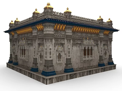 Traditional Architectural Structure With Ornate Golden Roof Decorations Stone Walls And Carved Columns 3d model