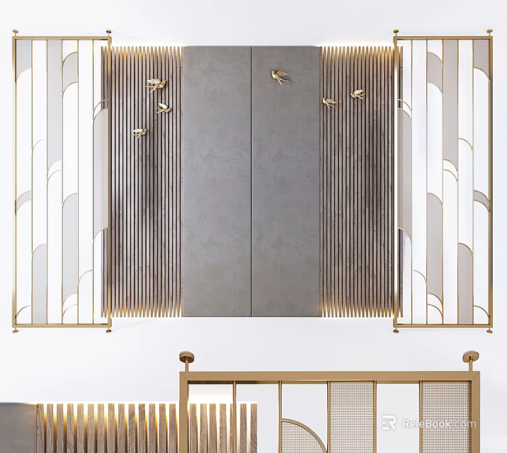 Luxury Partition Design With Gold Frame And Striped Mirror Panels 3d model