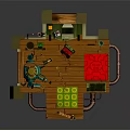 Cartoon Room Scene With Stone Walls Bookshelves Red Bed Blue Machine TV And Green Rug
