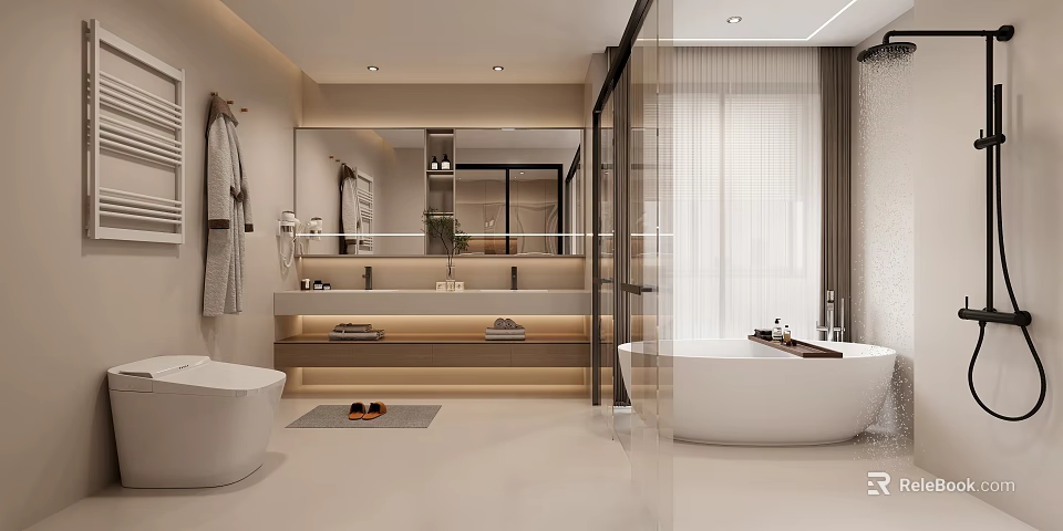 Modern Bathroom Interior With Freestanding Bathtub Glass Shower Wall Mirror And Towel Rack 3d model 