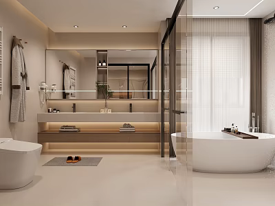 Modern Bathroom Interior With Freestanding Bathtub Glass Shower Wall Mirror And Towel Rack 3d model