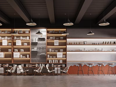 Cozy Café Interior Design With Wooden Bookshelves Hanging Lights And Bar Stools 3d model