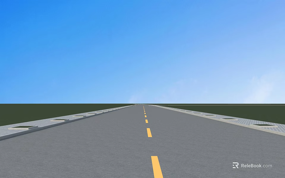 Road Infrastructure With Yellow Lane Markings Curbs And Green Grass Under Blue Sky 3d model 