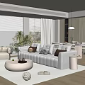 Cream Style Home Guest Restaurant Fabric Sofa Coffee Table Combination Round Coffee Table Dining Table and Chair Combination Backrest Dining Chair Leisure Sofa Chair Floor-to-ceiling Window Decoration Ornaments 3d model