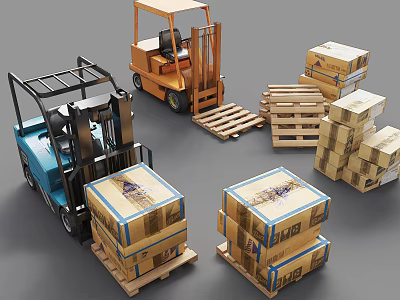 Industrial Equipment With Forklifts Pallets And Stacked Cargo Boxes For Logistics 3d model