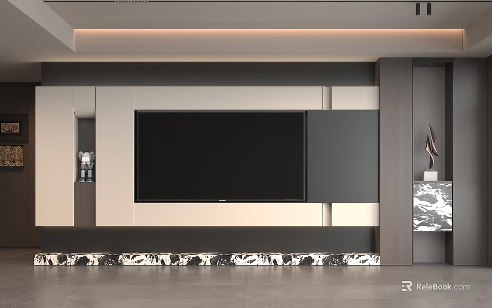 Modern Living Room Interior With Sleek TV Wall And Decorative Marble Base 3d model 