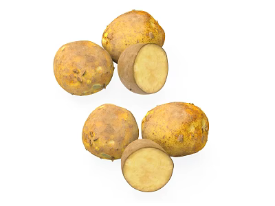 Fresh Yellow Fruit with Brown Spots Whole and Sliced on White Surface 3d model