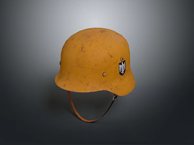 Vintage Yellow Helmet with Worn Surface Leather Strap and Emblem as Daily Living Item 3d model