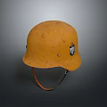 Vintage Yellow Helmet with Worn Surface Leather Strap and Emblem as Daily Living Item