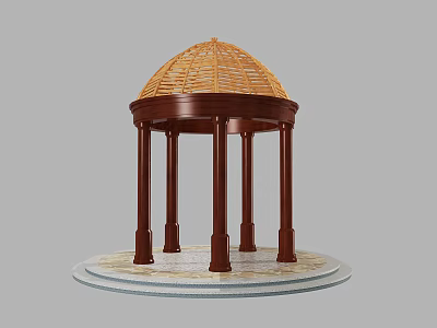 Classic Wooden Gazebo With Woven Dome And Brown Pillars On Circular Base 3d model