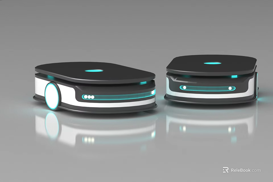 Two Smart Machines With Black Design Blue Lights And Moving Wheels 3d model 