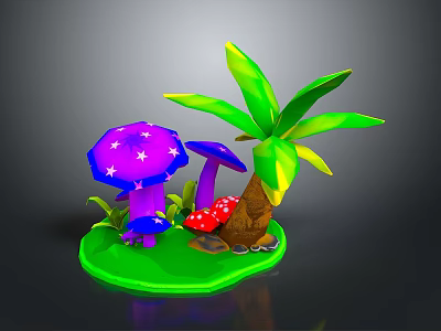 3D Model Scene with Purple Star Pattern Mushrooms Red Mushrooms Palm Tree and Green Grass 3d model