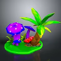3D Model Scene with Purple Star Pattern Mushrooms Red Mushrooms Palm Tree and Green Grass