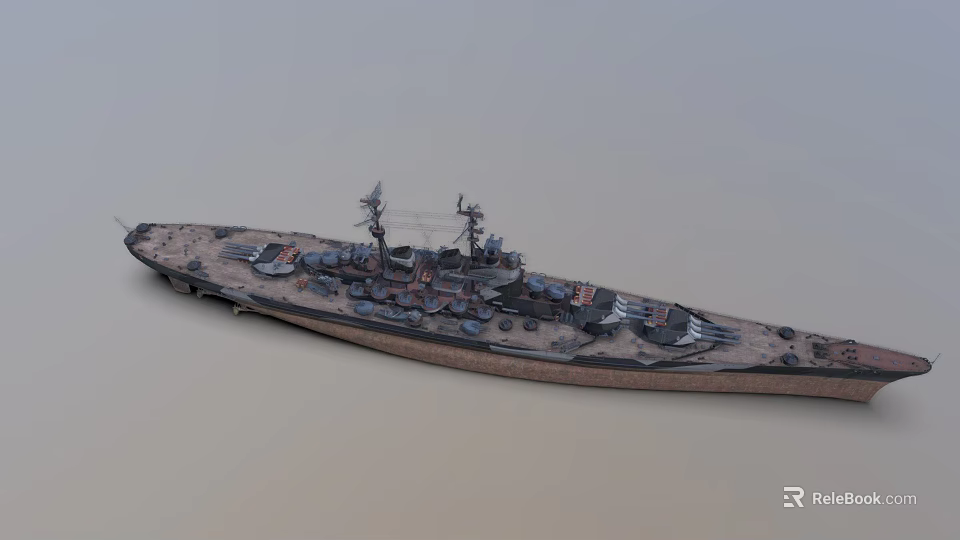 Vintage Warship With Rusty Hull Deck Equipment On Gray Background 3d model 