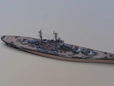 Vintage Warship With Rusty Hull Deck Equipment On Gray Background 3d model