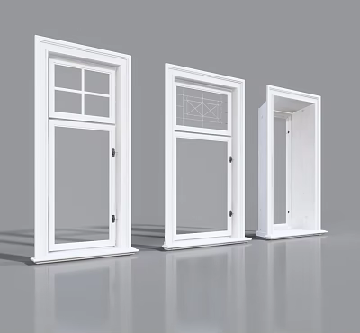 Three White Casement Windows With Different Glass Panel Designs For Home Interior 3d model