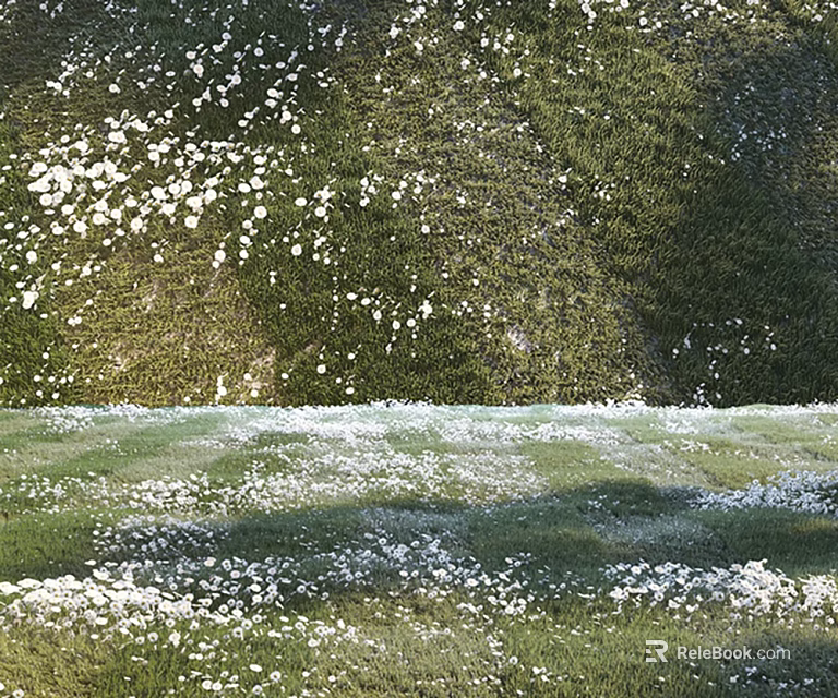 White Flowers And Green Grass With Lush Natural Plant Wall Scenery 3d model 