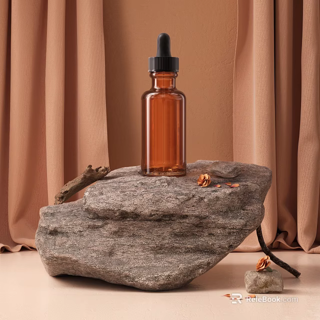 Organic Serum Brown Glass Bottle Black Dropper On Gray Rock Dried Twigs Nuts Brown Curtain 3d model 