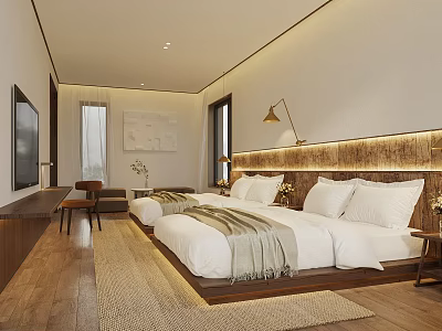 Modern Hotel Room With Double Bed Wooden Headboard Area Rug TV And Table Lamp 3d model