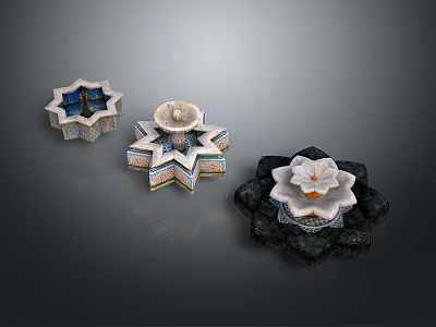 Three Unique Garden Ornaments With Star And Lotus Shapes Ceramic Stone Bases 3d model