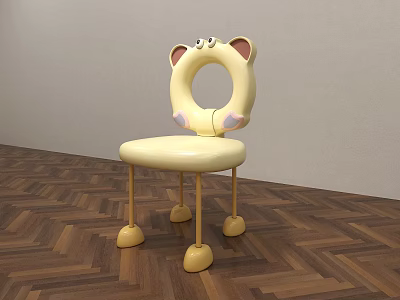 Cute Yellow Kids Chair With Cat Ear Design Circular Backrest Hole And Round Ball Feet 3d model