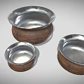 Three Wooden Ceramic Vessels With Silver Rimmed Open Tops And Textured Bodies